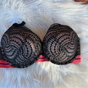 Victoria’s Secret Tan and Black Eyelash Lace Pink Strap Double Push Up Bra